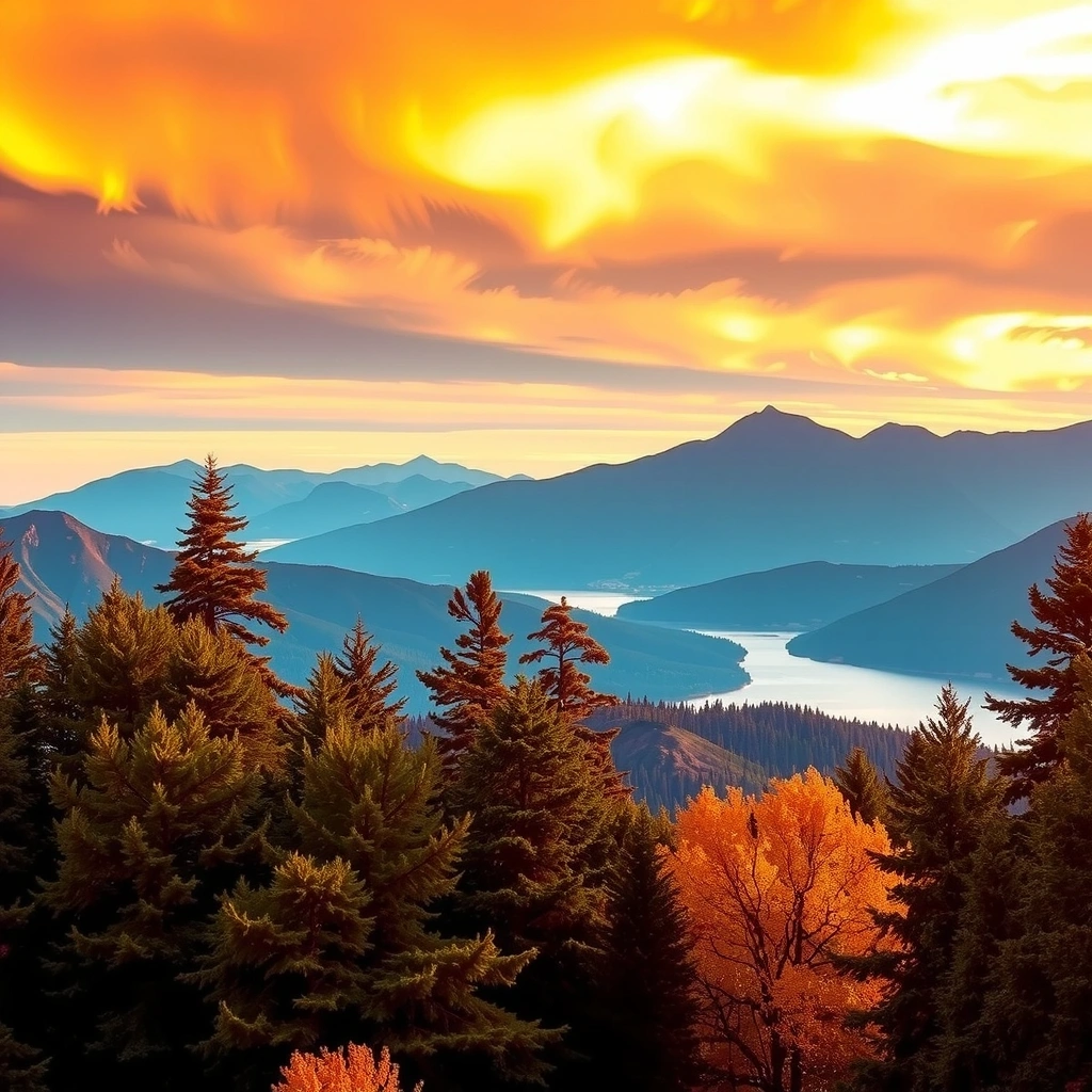 Потрясающий американский пейзаж - горы, лес и озеро на закате